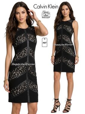 Calvin Klein NWT black lace & faux leather sheath dress *shop@iamwarrior